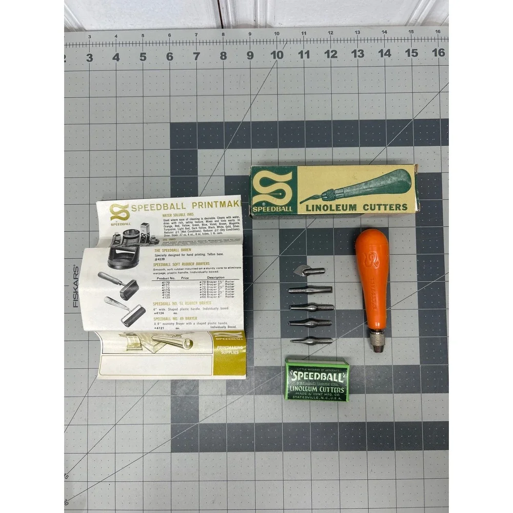 Vintage Speedball Block Printing Kit Multi Brayer Baren Cutter Inking Plate Art